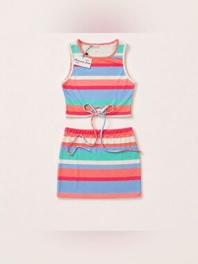 American June Multicolor Striped Crop Top Mini Skirt Set NWT